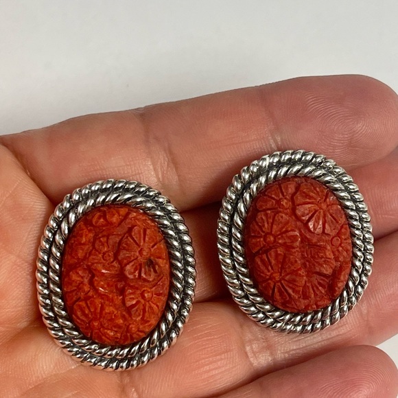 AKR Sterling Silver Carved Red Coral Earrings - Picture 4 of 8